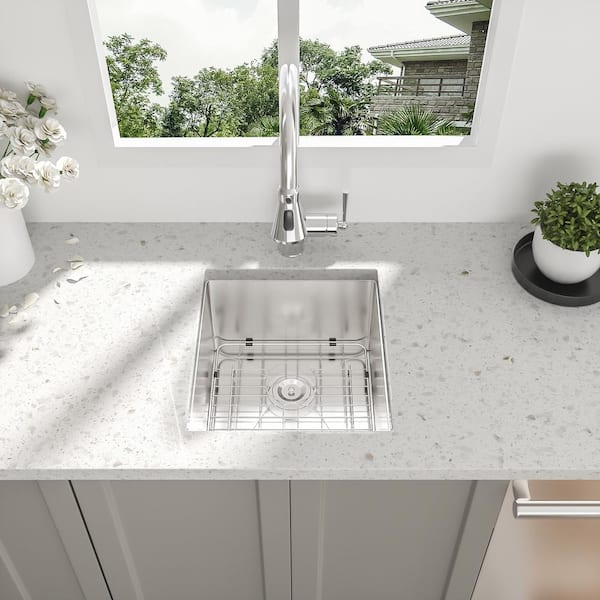 Staykiwi 15 in. Undermount Single Bowl 16-Gauge Brushed Nickel Stainless Steel Kitchen Sink with Bottom Grids