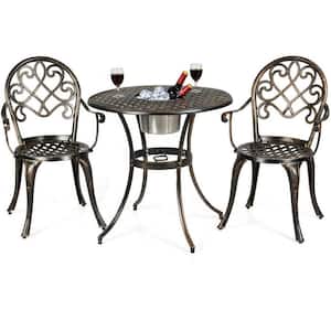 Bronze 3-Piece Aluminum Round Table Outdoor Bistro Set with Removable Ice Bucket