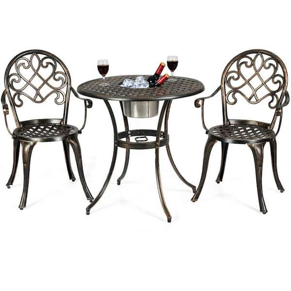 Costway Bronze 3-Piece Aluminum Round Table Outdoor Bistro Set with Removable Ice Bucket