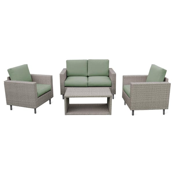 Leisure Made Tybee 4-Piece Wicker Patio Conversation Set with Sunbrella Sage Cushions