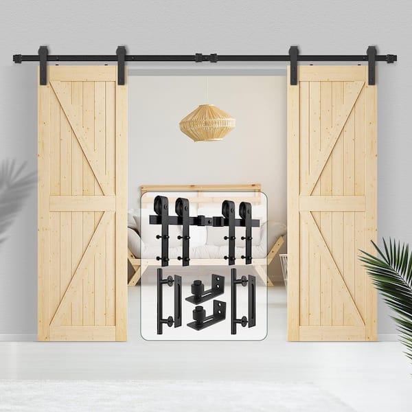 10 ft./120 in. Matte Black J-Shaped Double Barn Door Hardware Kit with 2 Handles