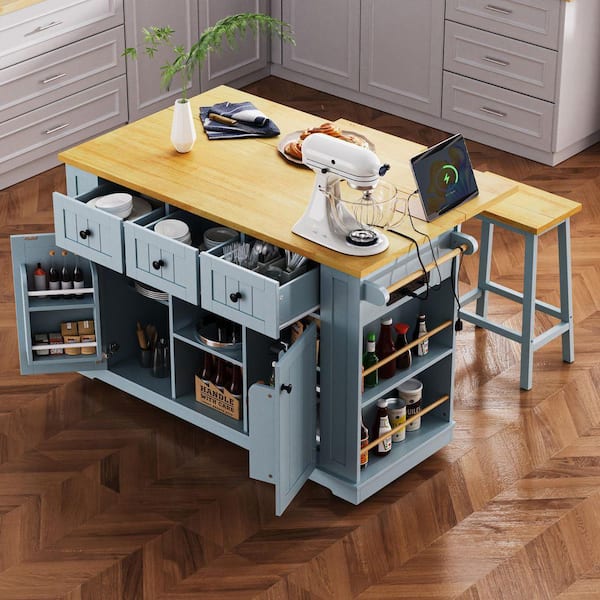 Gray Blue Wood 53 in. Kitchen Island with Drop Leaf, Power Outlet and 3 Drawers