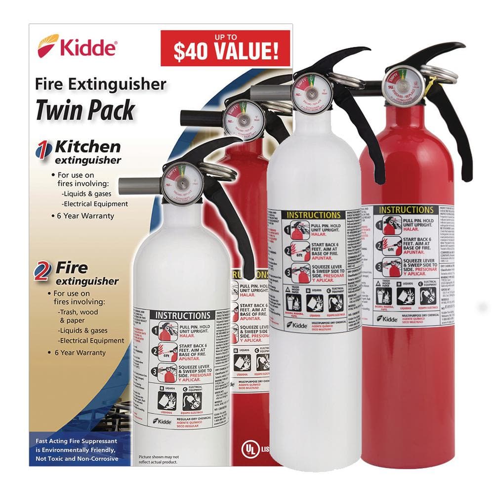 Basic Use & Kitchen Fire Extinguishers with Easy Mount Bracket, 1-A:10-B:C & 1-10-B:C Fire Extinguishers, 2-Pack