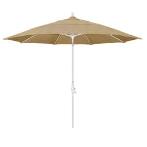 11 ft. White Aluminum Pole Market Fiberglass Collar Tilt Crank Lift Outdoor Patio Umbrella in Linen Sesame Sunbrella