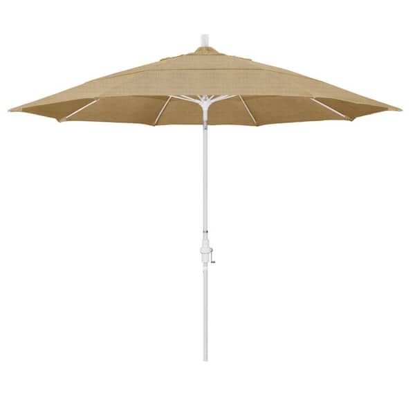 California Umbrella 11 ft. White Aluminum Pole Market Fiberglass Collar Tilt Crank Lift Outdoor Patio Umbrella in Linen Sesame Sunbrella