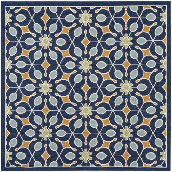 Caribbean Navy 5 ft. x 5 ft. Square Floral Contemporary Indoor/Outdoor Patio Area Rug