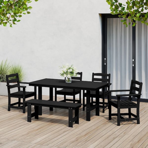 Shoreside 6-Piece All Weather HDPE Plastic Outdoor Patio Dining Set w/ Armchairs and Bench, Black