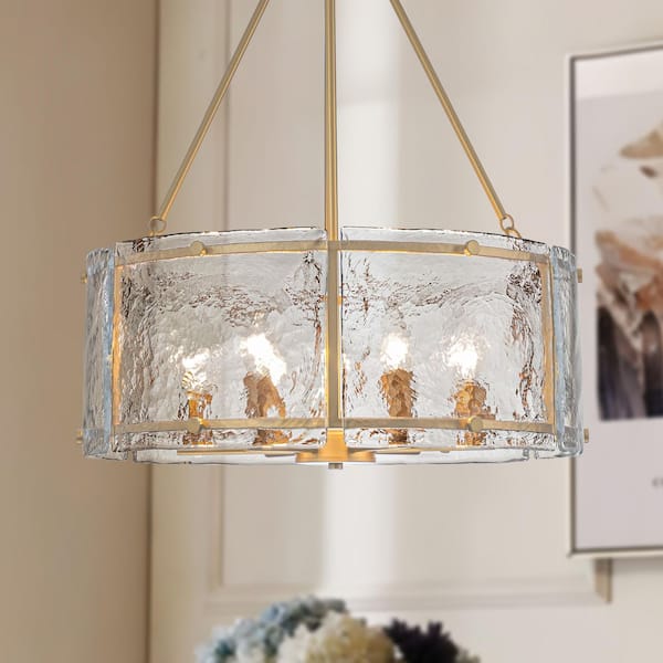 Gold 6-Light Hammered Glass Chandelier with E12 Candelabra Bulbs for Dining Room, Foyer or Living Room,Adjustable Height