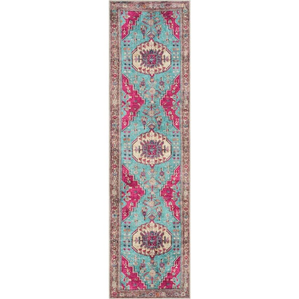Lotus Shasta Blush Turquoise Vintage Bohemian 2 ft. 7 in. x 9 ft. 10 in. Machine Washable Runner Rug