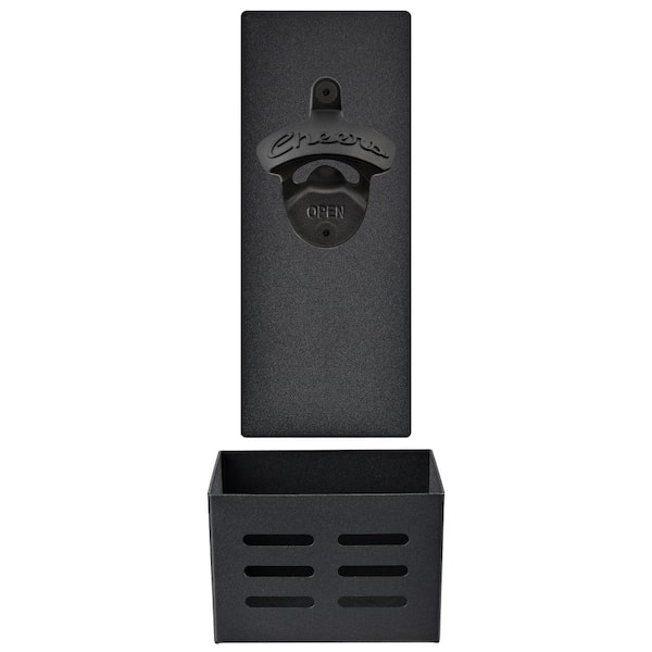 Black Magnetic Bottle Opener with Cap Catcher Bucket Wall Mounted for Fridge or Bar, 7.9 x 2.4 in Cheers