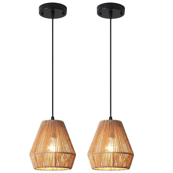 1-Light Gold Drum Hanging Pendant Light with Brown Paper Rattan Shaded for Kitchen Island, No Bulbs Included