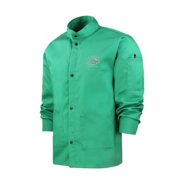 Highly Visible Unisex Green Large Flame Resistant Cotton Light-Weight Welding Jacket w/ Snap Buttons and Inside Pockets