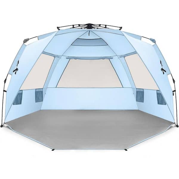 Unbranded Beach Tent Easy Up 99" Wide for 4-6 Person Sun Shelter - Extended Zippered Porch Included Blue