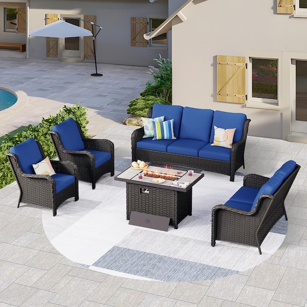 OVIOS Joyoung Brown 5-Piece Wicker Patio Rectangle Fire Pit Conversation Seating Set with Navy Blue Cushions