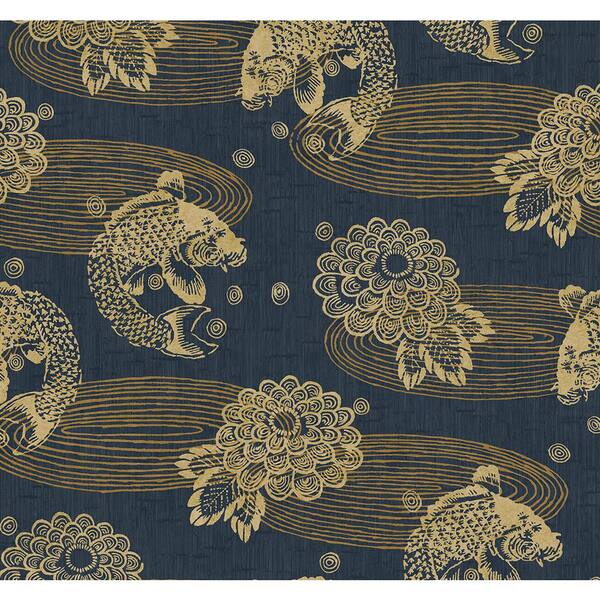 Seabrook Designs 60.75 sq. ft. Hale Navy & Metallic Gold Adler Koi Paper Unpasted Wallpaper Roll