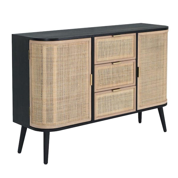 Benjara Brown and Black Wood Top 16 in. Sideboard with 3 Drawers and 2 Doors