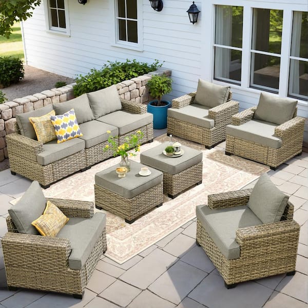 Kelleys 9-Piece Wicker Modern Outdoor Patio Conversation Sofa Seating Set with Dark Grey Cushions
