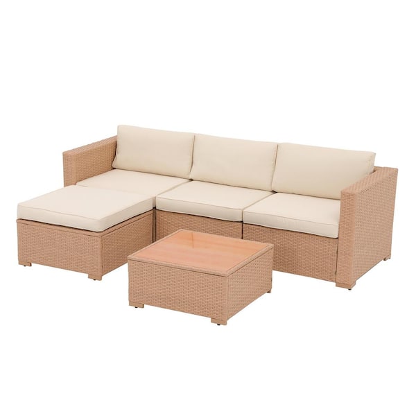 Freestyle 5-Piece Natural Wicker Outdoor Patio Conversation Seating Sofa Set with Ottoman, Creamy White Cushions