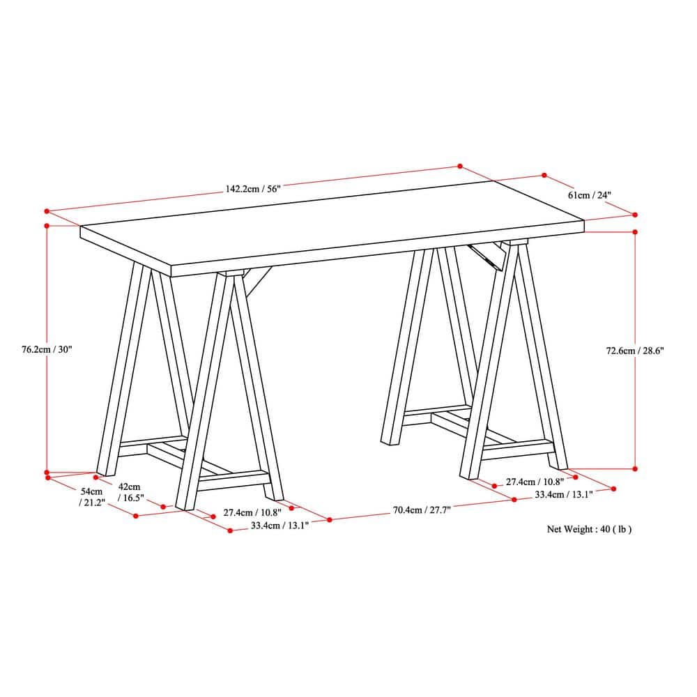 Sawhorse Solid Wood 56" Wide Industrial Writing Desk in Medium Saddle Brown