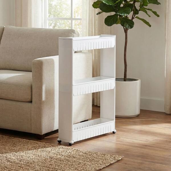 Lavish Home 3-Tier White Slim Slide Out Storage Tower with Wheels