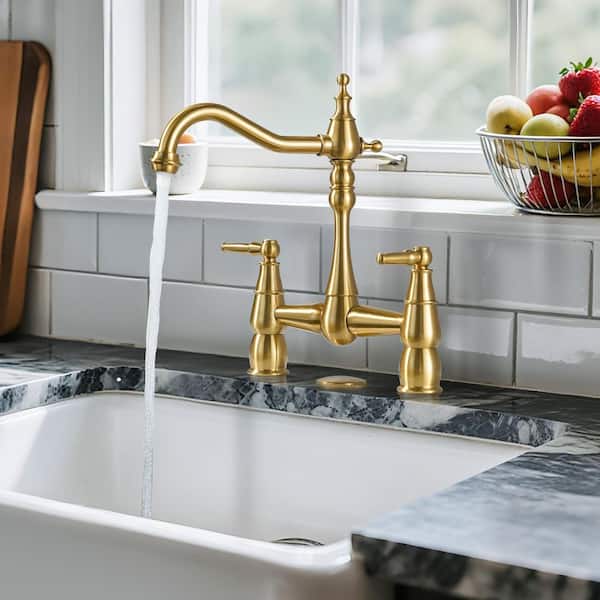 8 in. Centerset Double Handle Brass Elegant Bridge Kitchen Faucet with Sink Hole Cover in Brushed Gold