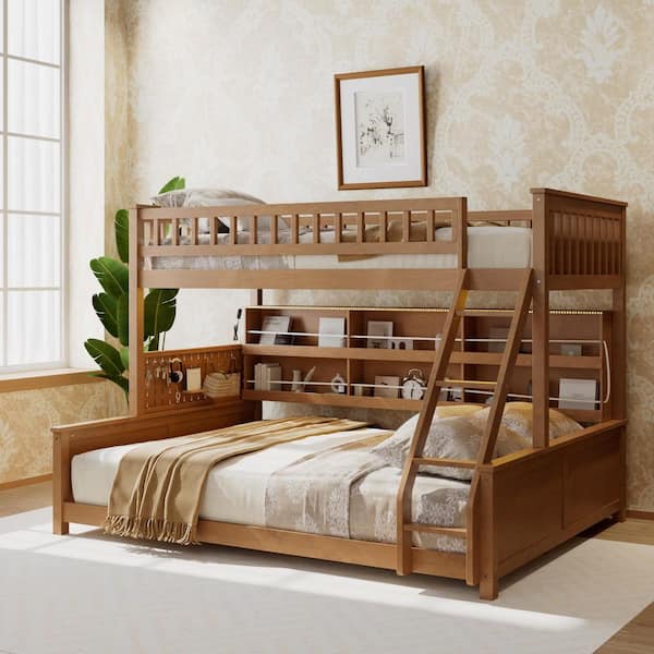 Brown Twin XL Over Queen Wood Convertible Bunk Bed with Storage Shelf, Safety Rope, LED Light Strip & Pegboard Panel