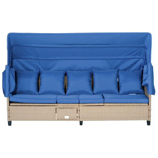 4-Piece Wicker Outdoor Sectional Set with Retractable Canopy, Blue Cushions and Lifting Table for Garden, Poolside