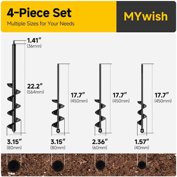 Multi-Size High-Carbon Steel Garden Earth Auger Drill Bit Set for Planting, Fits 3/8 in. Hex Drive (4-Piece)