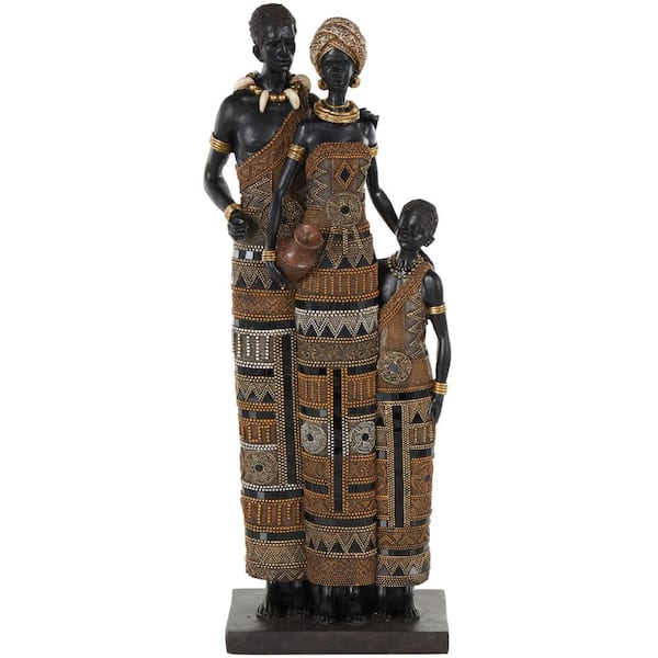 Litton Lane 9 in. x 23 in. Black Resin Tall African Family Sculpture with Gold Jewels