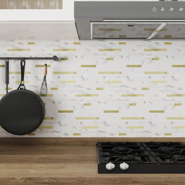 Peel and Stick White and Gold Mosaic Backsplash Tile 11.7 in. x 11.5 in. Vinyl Wall Tile (10-Pack, Cover 9.3 sq.ft.)