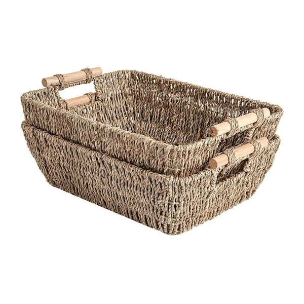 2-Piece 15 in. W Natural Seagrass Picnic Baskets Set with Wooden Handles, Hand-Woven Organizing Baskets