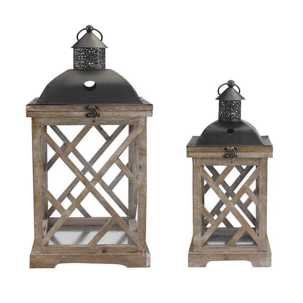 Stonebriar Collection Brown Rustic Wood and Metal Candle Lanterns (Set of 2)
