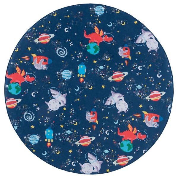 Tacoma Kids 5 ft. x 5 ft. Navy/Rust Outer Space Round Area Rug