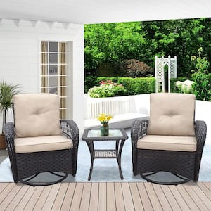 3-Piece Brown Wicker Patio Conversation Set with Khaki Brown Cushions, Glass Top Side Table