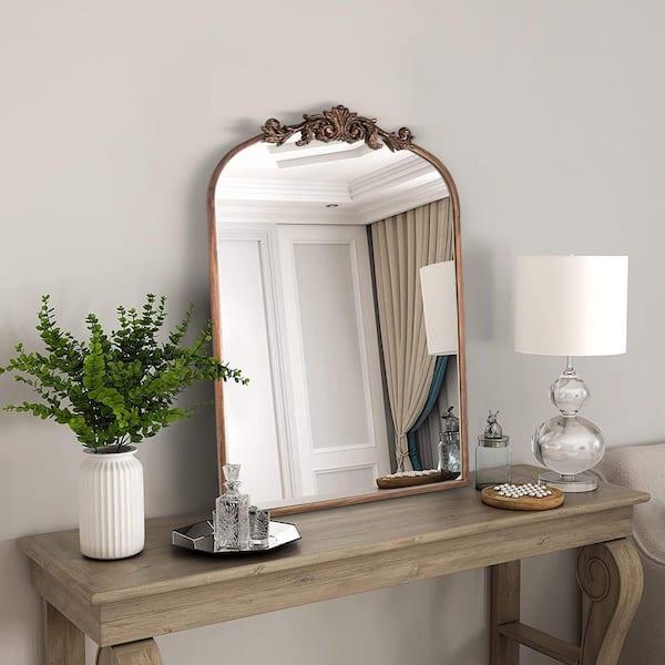 20 in. W x 30 in. H Baroque Carved Antique Gold Arched Framed Wall Bathroom Vanity Mirror