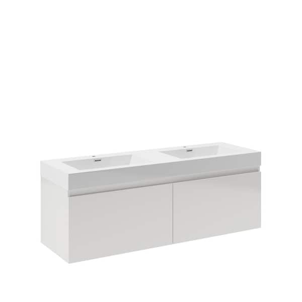 Fresca Mezzo 60 in. Modern Wall Hung Bath Vanity in White with Double Vanity Top in White with White Basins