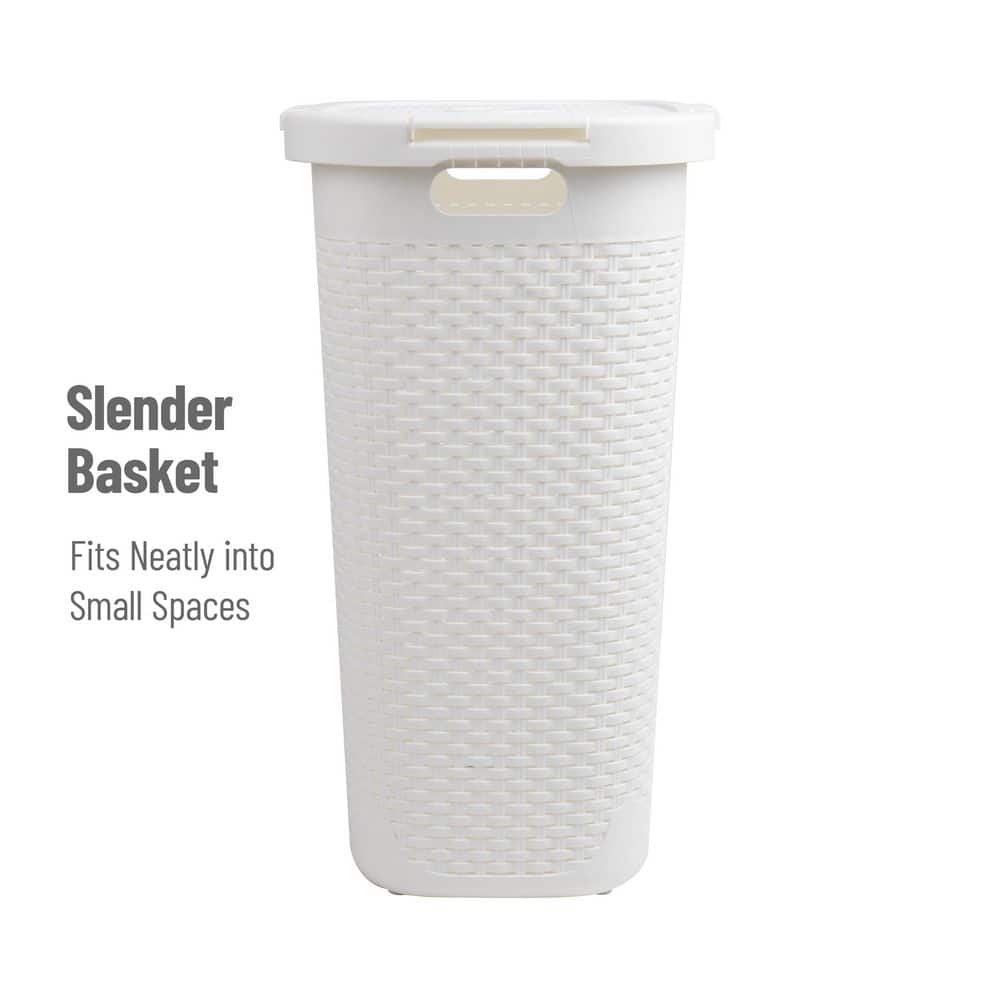White Plastic Wicker Style Upright Hamper with Lid for Kids