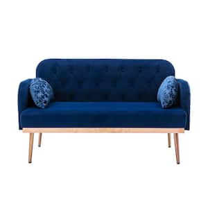 55 in. Wide Blue 2-Seat Square Arm Velvet Mid-Century Modern Straight Sofa