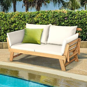Wood Folding Outdoor Day Bed Patio Acacia Wood Convertible Couch Sofa Bed with White Cushions