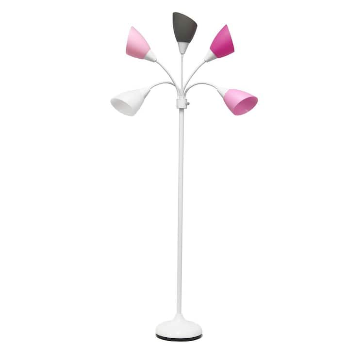 Simple Designs 67 in. White Floor Lamp Contemporary Multi Head Medusa 5 Light Adjustable Gooseneck with Pink, White, Gray Shades