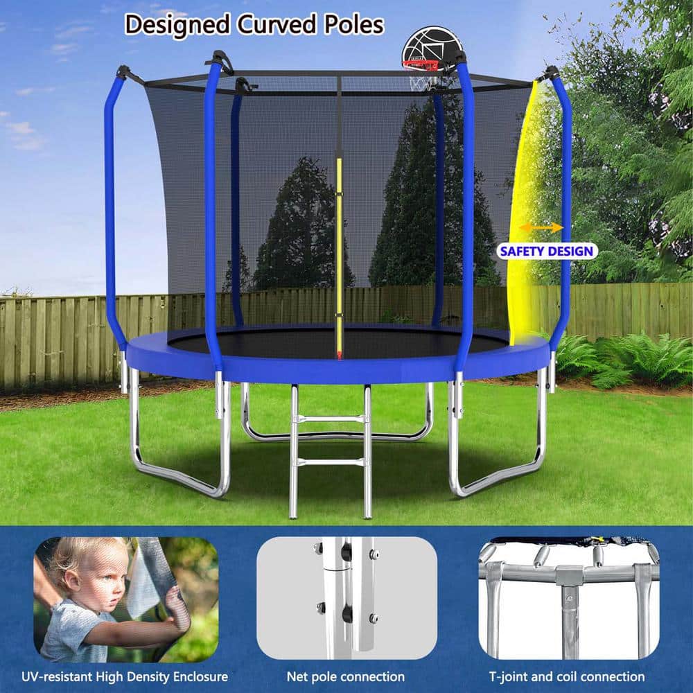 Blue 10FT Round Trampoline with Enclosure and Basketball Hoop