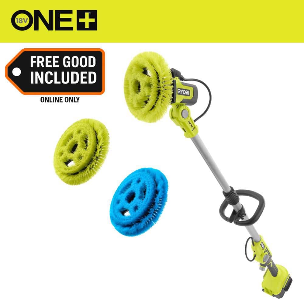 RYOBI ONE+ 18V Cordless Soap Dispensing Scrubber (Tool Only) with (2) 9 in. VORTEX Medium and Soft Brushes (PCL1701B-MR-SR)