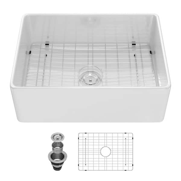 28 in. Undermount Single Bowl Round Corner White Porcelain Ceramic Kitchen Sink with Sink Grid and Basket Strainer