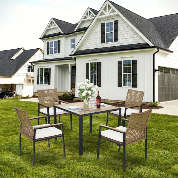 Sudzendf Yellow 5-Piece Wicker Outdoor Dining Set with Beige Cushion and Acacia Wood Table