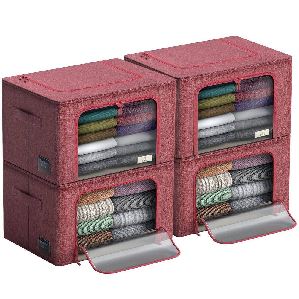 Pink 19.5 in. x 13 in. Fabric Decorative Box Set of 4, Stackable Storage Bins with Metal Frame, Window, & Handles