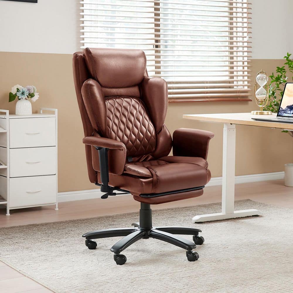 Faux Leather High-Back Ergonomic Office Chair in Brown with Adjustable Padded Arms, Swivel Chair with Headrest&Footrest - Thumbnail 2