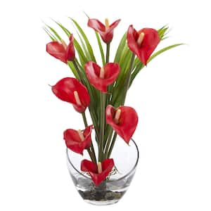 15.5 in. High Red Calla Lily and Grass Artificial Arrangement in Vase