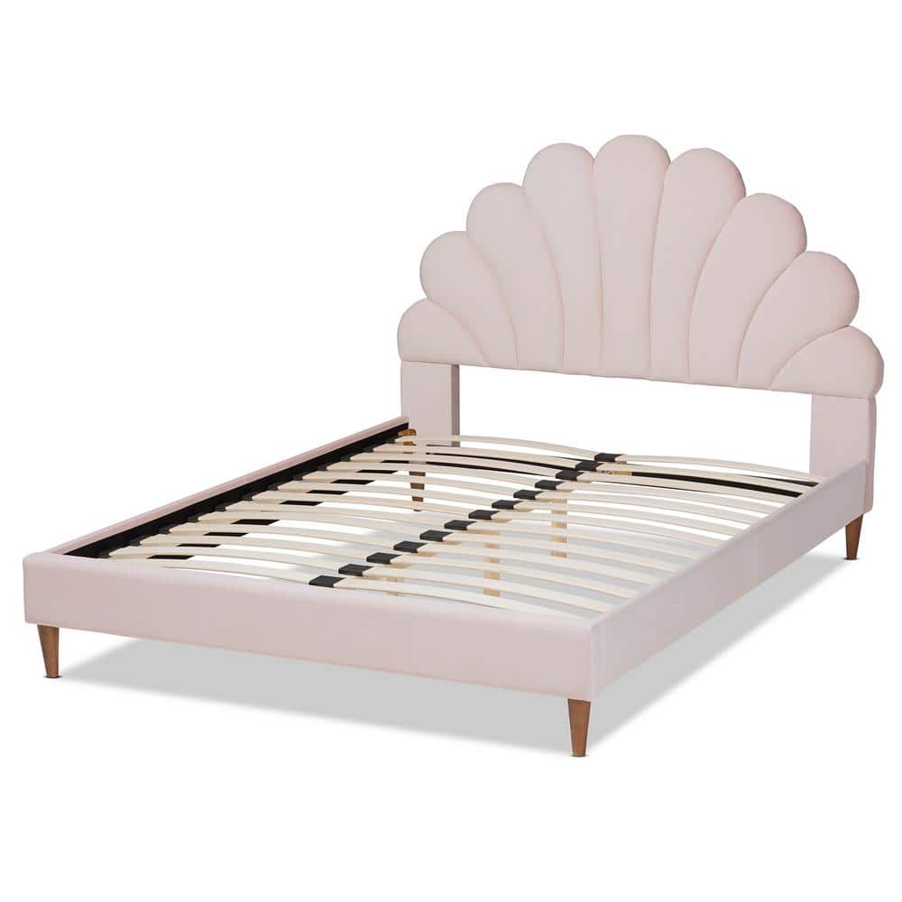 Queen Light Pink Velvet Tufted Platform Bed with Walnut Legs