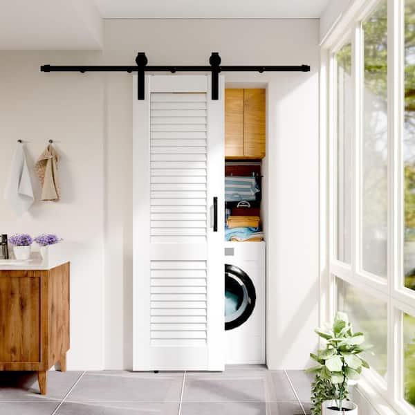 TENONER 28 in. x 80 in. Louvered Panel Solid Core White Primed Pine Wood Sliding Barn Door Slab with Hardware Kit Set