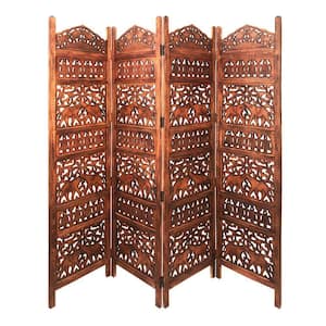 Traditional Brown Wooden Carved 4-Panel Room Divider Screen with Intricate Cutout Details